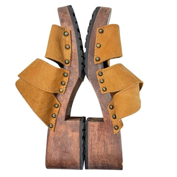 Candies Chunky Sandals Size 7 Vintage Y2K Wooden Clog Platform Camel Tan Leather - Picture 4 of 9